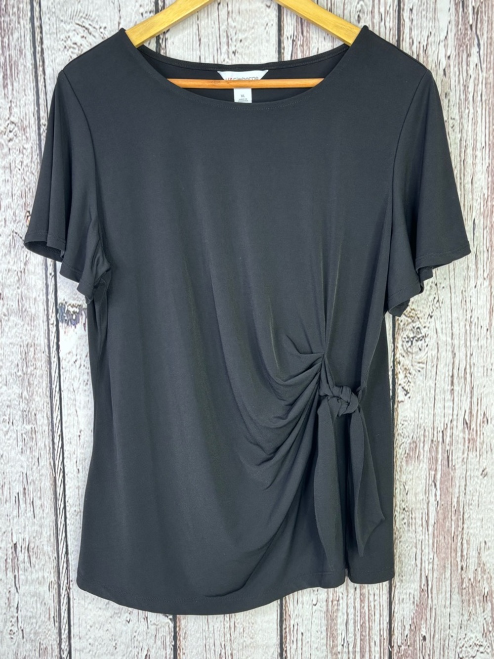 Liz Claiborne Women’s XL Black Side Tie Blouse Short Flutter Sleeves Stretch